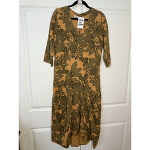 Vintage Color Me Cotton CMC Floral Maxi Dress Womens M Lagenlook Olive Inca Gold